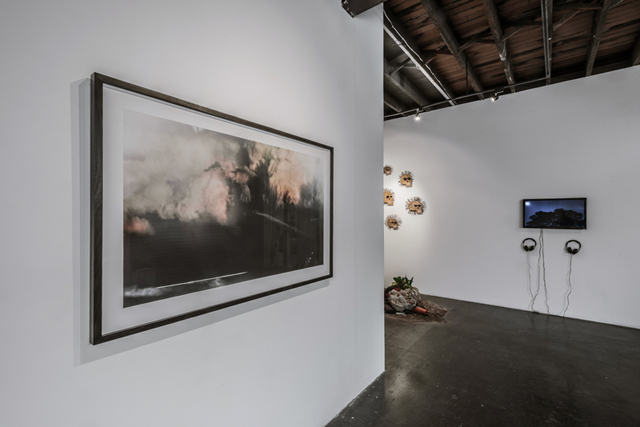 Gallery corner with a framed landscape photograph and the video screen on the far wall